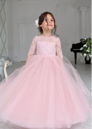 Elbow Sleeve Blush Pink Lace Tulle Flower Girl Dress